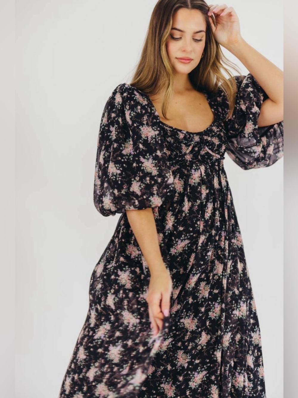 Worth collective Harlow Maxi Black Floral Dress with Pink Flowers
